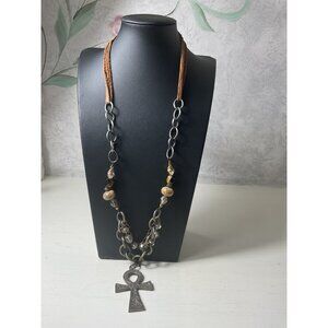 Handcrafted Leather & Metal Ankh Pendant Necklace With Beaded Accents
